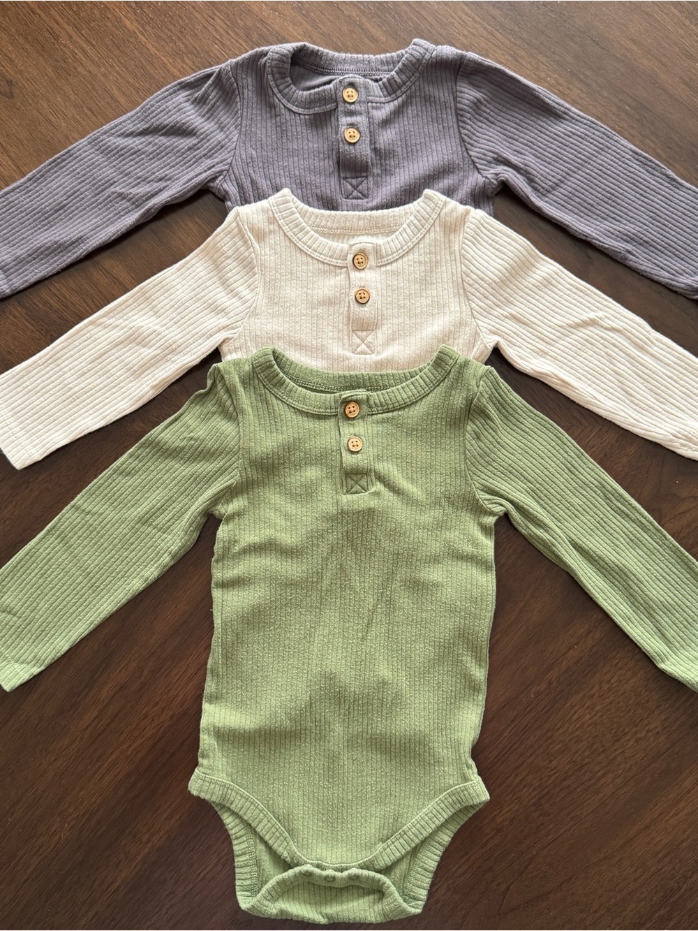 Cat & Jack Long-Sleeve Ribbed Henley Bodysuit Trio - Green, Cream, Gray